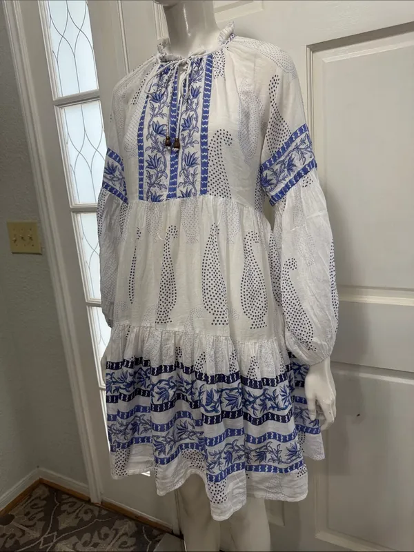 Oliphant 100% Cotton Balloon Sleeve Short Dress | Santorini Blue | Size XS💙 - Image 7