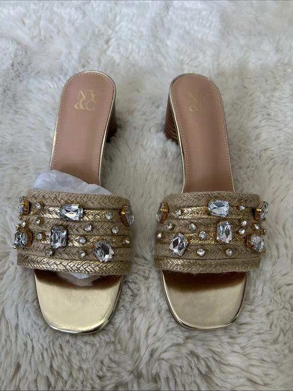 NY & Company Raquelle Heeled Rhinestone Jute Sandals - Image 4