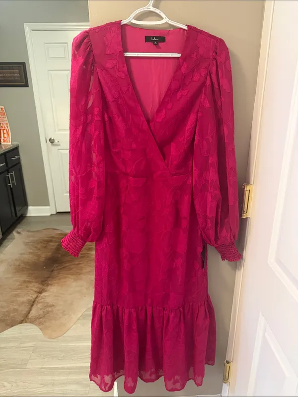 $99 NWT Lulus Essential Grace Magenta Chiffon Embroidered Midi Dress M - Image 2