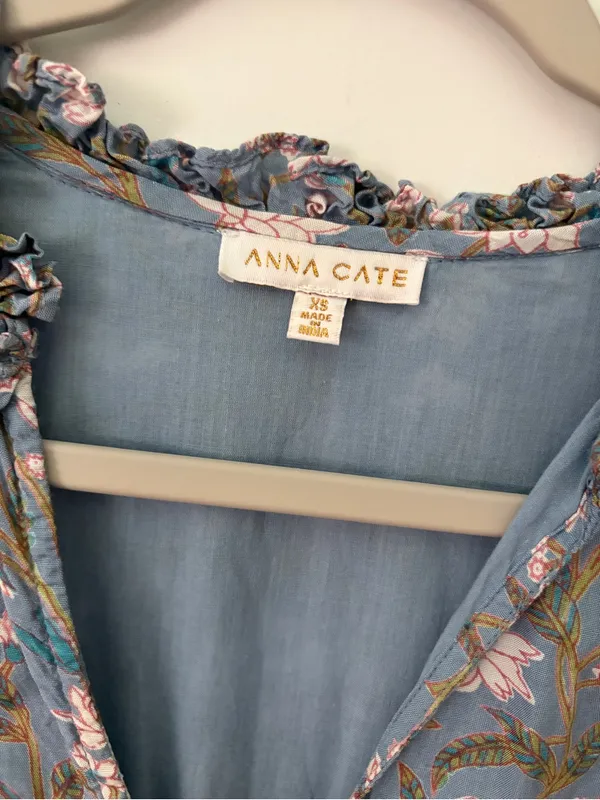 Anna Cate Dusty Blue Floral V-Neck Smocked Waist Sleeveless Dress - Image 2