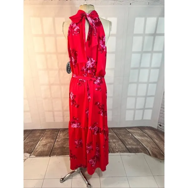 Scoop NWT Red Floral Halter Neck Tie Waist Sleeveless Maxi Dress Size XL - Image 6