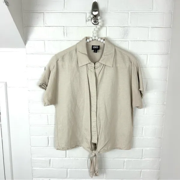 I.N.C. Neutral Linen Blend Boxy Short Sleeve Button Front Top Size XS - Image 2