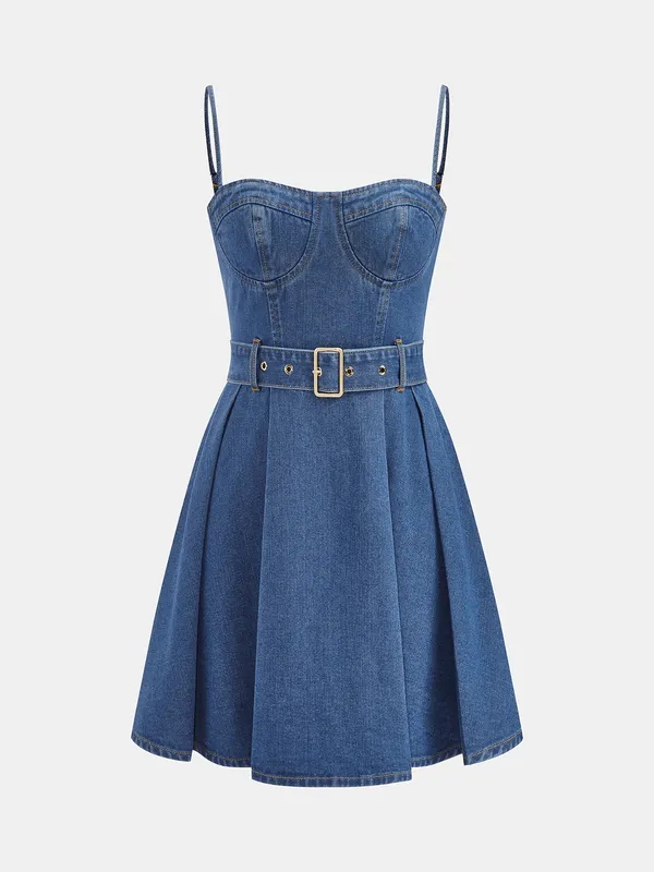 Commence Blue Denim Sweetheart Mini Dress with Belt XS NEW - Image 2