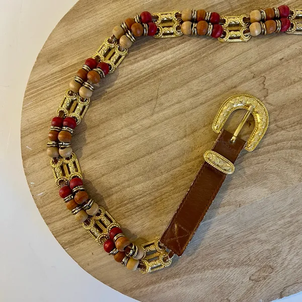 EXPRESS Vintage Brown Genuine Leather Beaded Weaved Link Gold Buckle Belt Size S/M - Image 3
