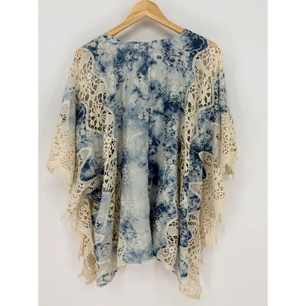 Mindset‎ by XCVI Large Blue Acid Wash Tie Dye Crochet Lace Poncho Top Boho - Image 6