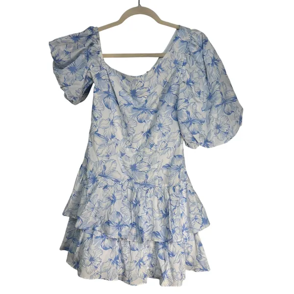 Hello Molly Blue Floral Tiered Ruffle Mini Dress Puff Sleeve Cotton Womens 6 M - Image 8