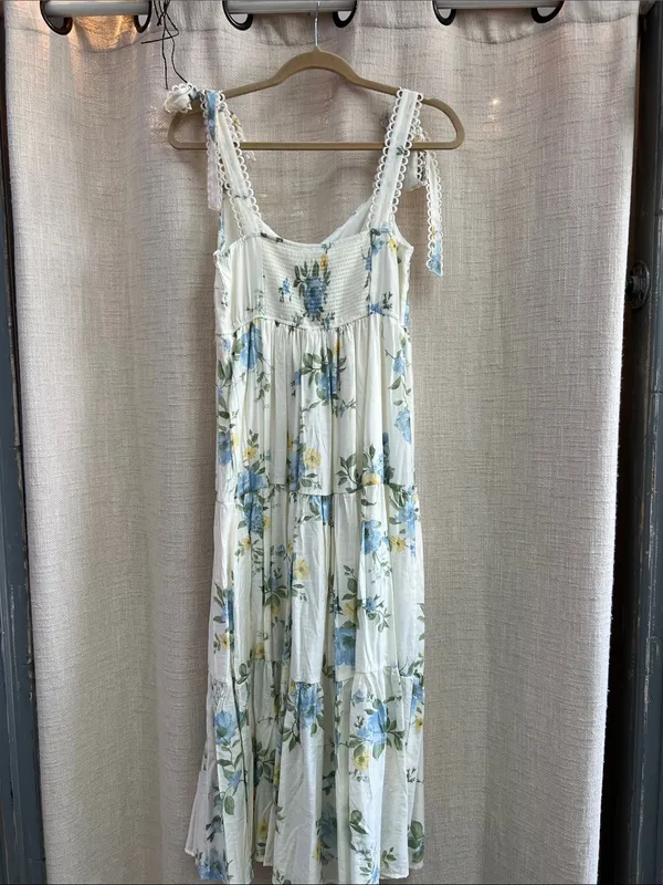 White Blue Yellow Floral Tiered Midi Dress Lace Tie Straps Small - Image 12