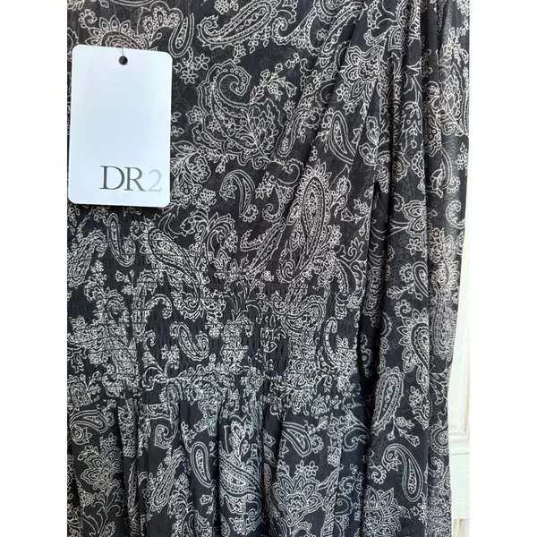 DR2 Womens Paisley Smocked Waist Peplum Blouse Top Black White Size XS ‎ NEW - Image 4