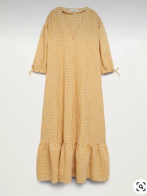 MNG‎ Womens Cotton Blend Check Print V-Neck Long Sleeve Maxi Dress Yellow Size 2 - Image 2