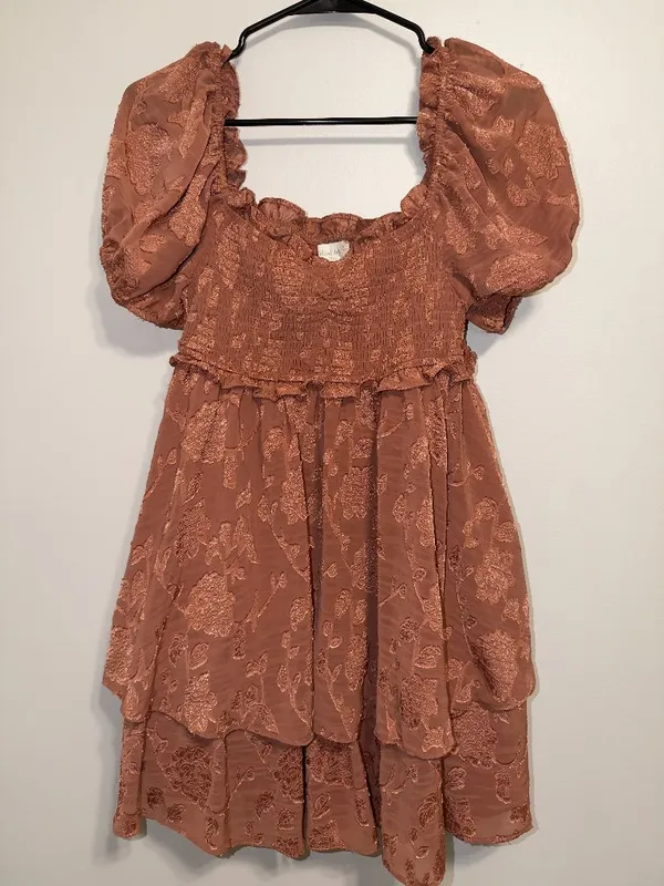 Altar'd State Lace Smocked Puff Sleeve Tiered Mini Dress XL Boho - Image 2