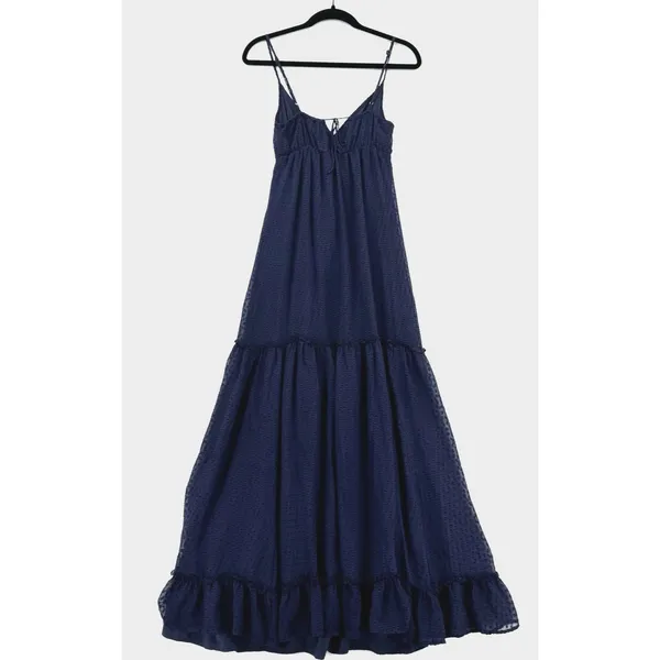 Tori Richard Silk Blend Maxi Dress 0 Navy Swiss Dot Tiered Boho Resort Romantic - Image 2