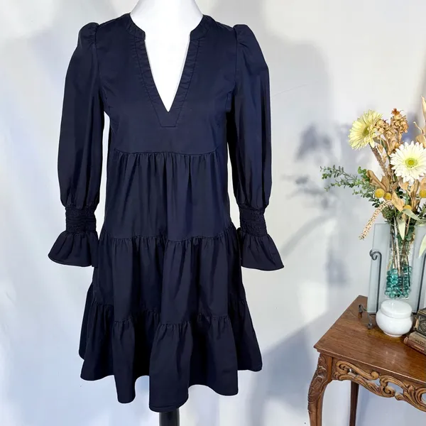 Pomander Place Kenzo Navy Cotton Poplin Tiered Dress Ruffle Sleeve~S🧡 - Image 3