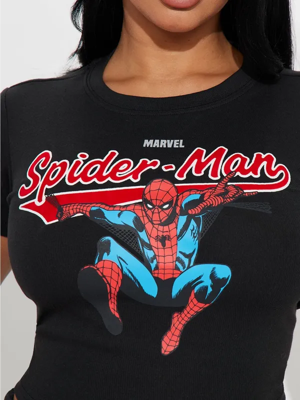 Marvel Black Spider-Man Graphic Crop Top with Red & Blue Print - Image 3
