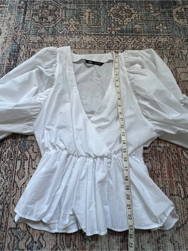 Zara White V-Neck Peplum Puff-Sleeve Blouse 100% Cotton Size Large - Image 7