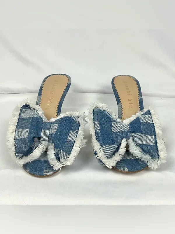 Gianni Bini Wendell Sandals Patchwork Denim Bow Gingham Mule Heels Blue Sz 7.5 - Image 8
