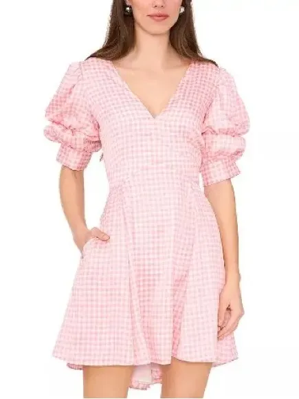 1. STATE Pink Gingham Puff-Sleeve Dress - Image 2