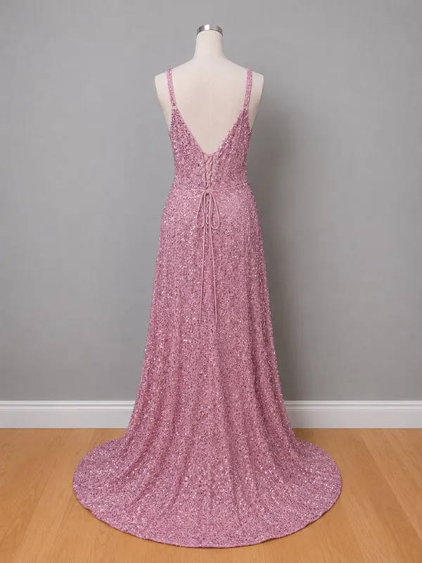 Boutique #27-16 Dusty Rose sequin velvet 1 inch strap long dress - Image 5