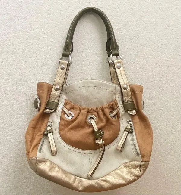 B. MAKOWSKY Tan Beige Gold Leather Slouchy Double Handle Shoulder Bag - Image 2