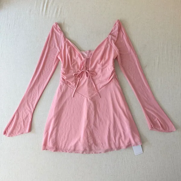 Marthea Mesh Mini Dress Womens Large Pink Tie Front Bell‎ Sleeve Coquette NWT - Image 13