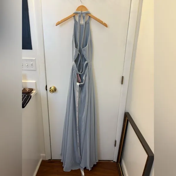 Dessy Stand Collar Halter Maxi Dress Crisscross Open Back Mist Size 2 Bridesmaid - Image 4