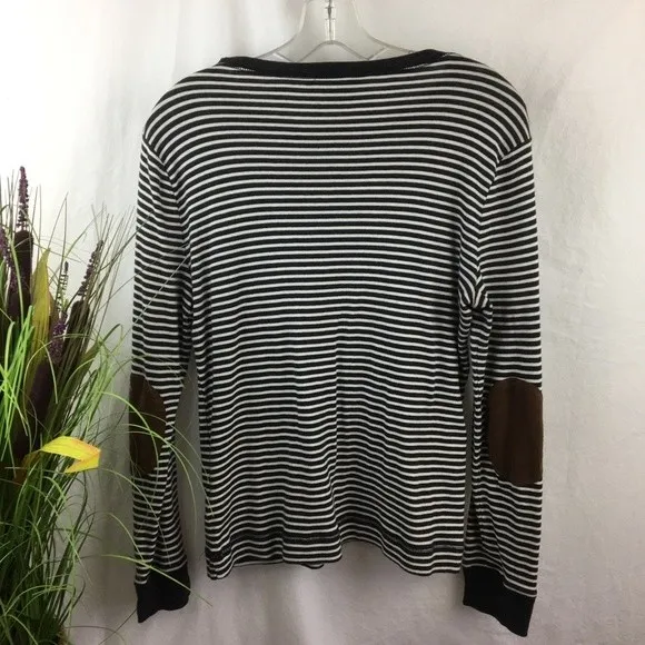 Lauren RL Black & White Striped Leather Elbow Patch Long Sleeve Tee L - Image 5