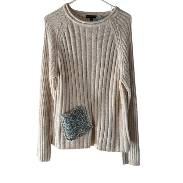 Carolyn Taylor Cream Ribbed Knit Sweater Womens Large Raglan Sleeve Pocket - Image 6