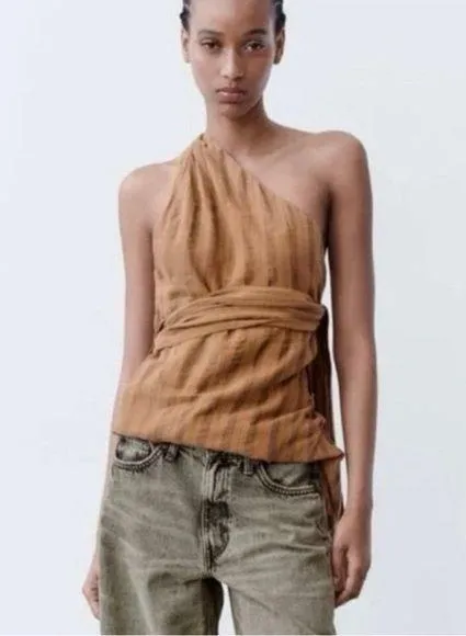NWT Zara Asymmetric One Shoulder Wrap Halter Beaded Boho Top - Image 4