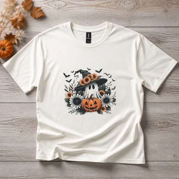 Gildan Halloween Ghost Pumpkin Sunflower 100% White Cotton T-Shirt Size XL-Print to ord - Image 2