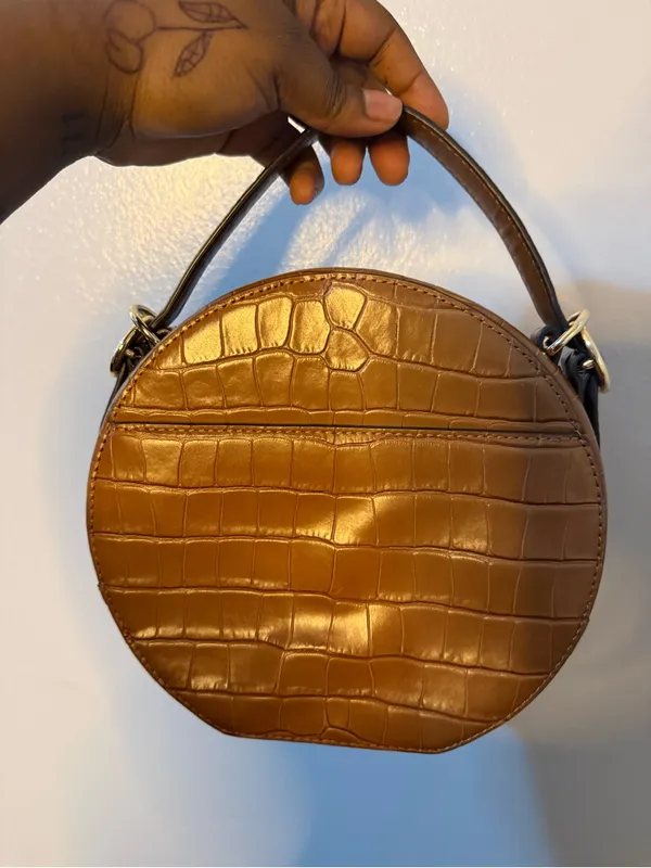 Michael Kors Cognac Croc-Embossed Round Crossbody Bag - Image 3