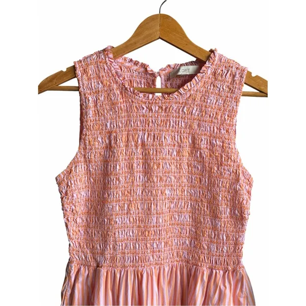 LOFT Striped Poplin Midi Dress Women’s M Pink Orange Sleeveless Smocked Preppy - Image 3