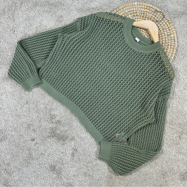 Old Navy Women’s Long-Sleeve Cropped Crochet Sweater Rib Knit Weeping Willow M - Image 3