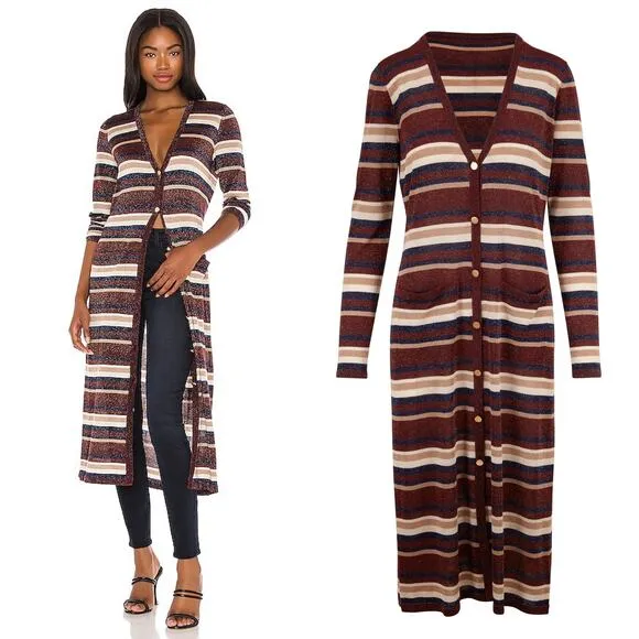 NEW L'AGENCE Multi Striped Lurex Long Duster Cardigan Glitter Brown Cream XS - Image 2