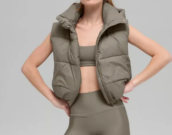 ALO YOGA Gold Rush Puffer Vest in Light Cocoa Beige Khaki Size S RARE - Image 6