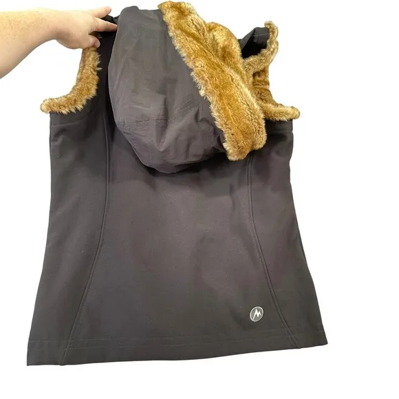 Marmot Womens Brown Softshell Faux Fur Trim Hooded Vest Size Medium Full Zip - Image 6