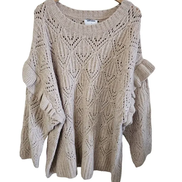 Old Navy Sweater Sz 4X Pointelle Knit Ruffle Trim Metallic Oatmeal Cozy‎ - Image 2