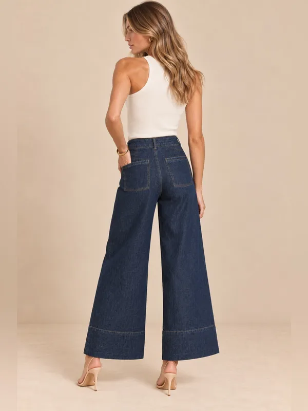 Zara Y2K Dark Wash High Rise Palazzo Wide Leg Patch Pocket Jeans 26” Inseam Crop - Image 8