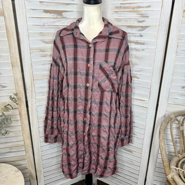 CUTLOOSE Women's XL Plaid Long Sleeve Shirtdress Maroon Burgundy Y2K Grunge - Image 15