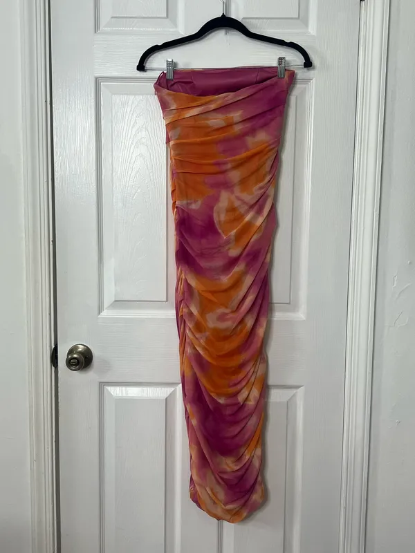 Zara Strapless Ruched Mesh Maxi Dress Pink Orange Y2K Cocktail Party Bodycon - Image 3