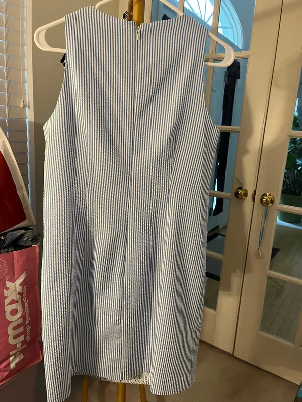 London Times Blue & White Striped Seersucker Dress with Crochet Panel - Image 8