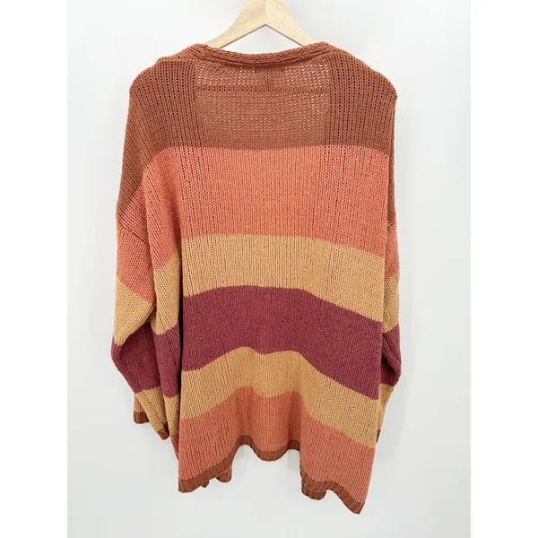 Umgee Pink Orange Sunset Stripe Long Sleeve Knit Cardigan Sweater Womens Medium‎ - Image 2