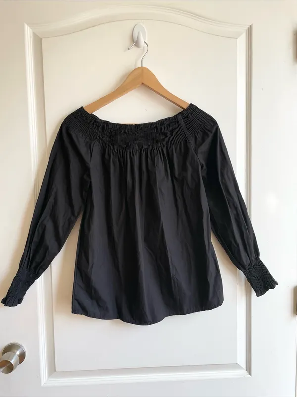 Zara 100% Cotton Smocked Off The Shoulder Peasant Top Long Sleeve Black Size XS - Image 2