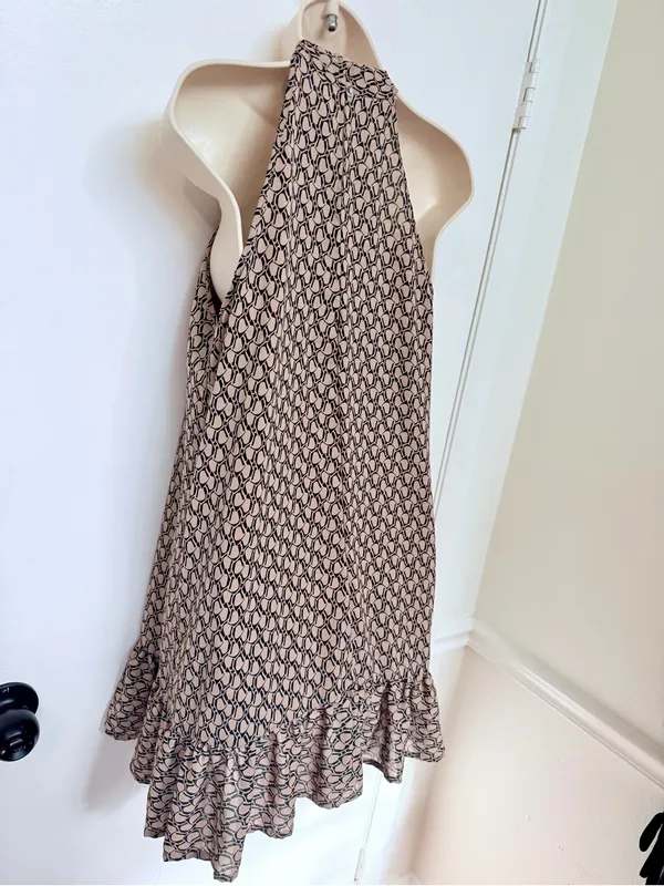 EMERY ROSE Size S Halter Mini Dress Beige Black Geometric Print Ruffle Hem - Image 12