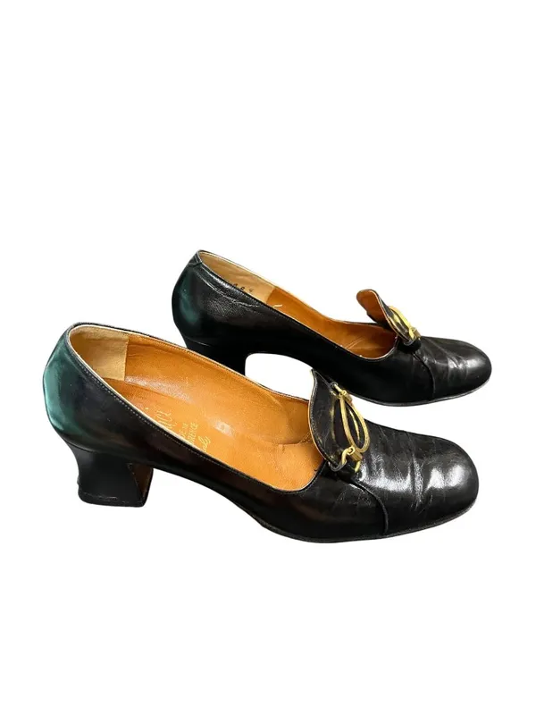 Medici Florence Italy VTG wms black leather gold bit slip dress loafers sz 8B SK - Image 2