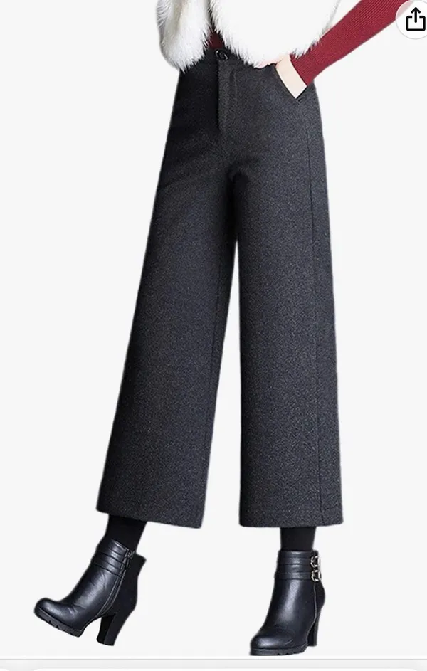 Tanming Women's Casual High Waist Trousers Wool Blend Cropped Wide Leg Pants - Image 3