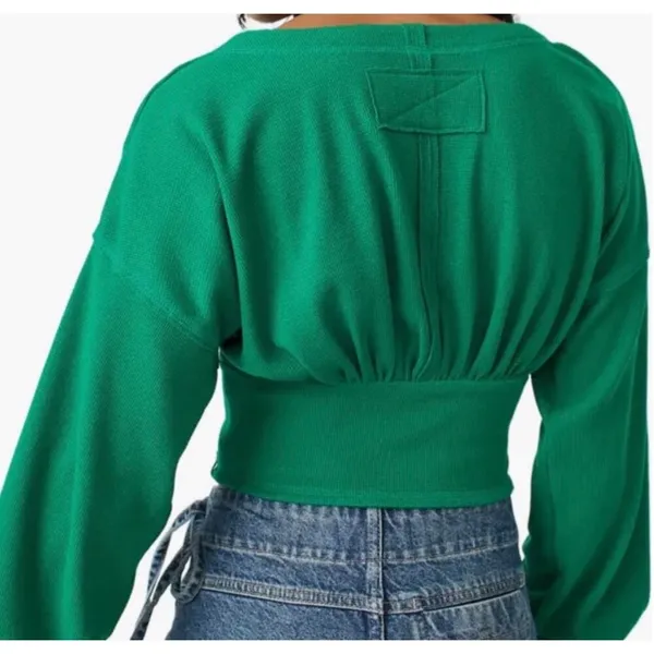 We the Free Kelly Green Cropped Wrap Top V-Neck Longsleeve Blouse Size XS - Image 3
