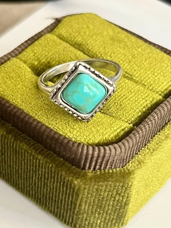 Bohemian Style Turquoise Square Titanium Steel Statement Ring Size 6 Blue - Image 3