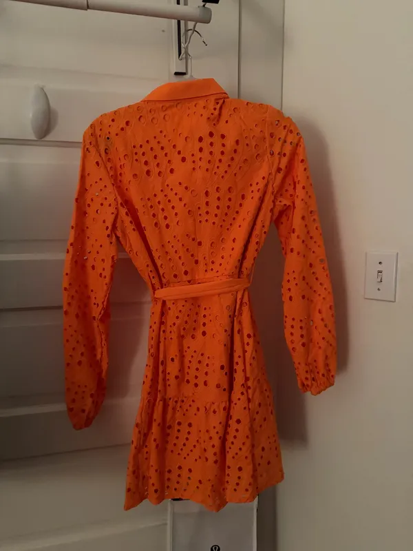 SheIn Long sleeve orange eyelet mini dress - Image 3
