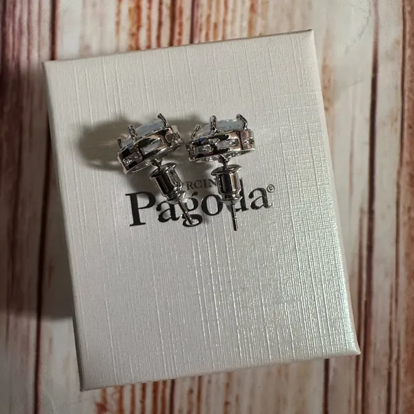 Piercing Pagoda Silver Moonstone CZ Halo Stud Earrings - Image 5