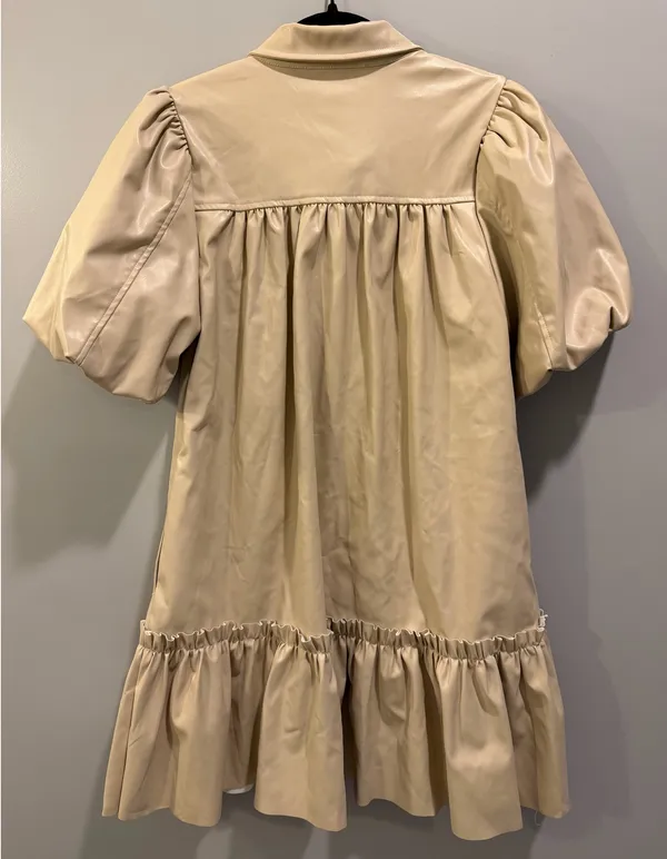 Karlie Puff Sleeve Button Front Collared Faux Leather Dress Beige - Image 2