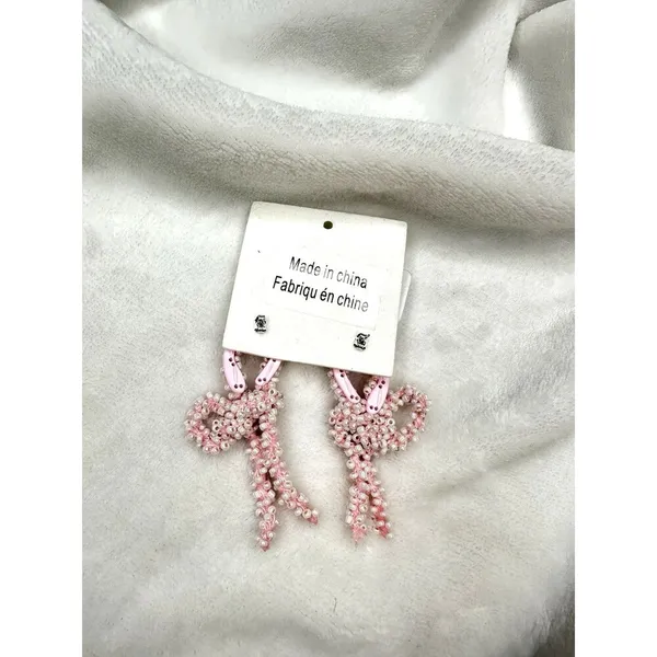 NEW Free People Brandy Bow Dangles Earrings Beaded In Pink Elegant Femme Funky - Image 3